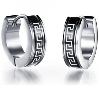 Créoles homme en acier à motif labyrinthe sur bandeau noir (Paire)