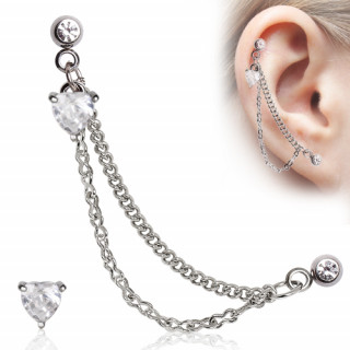 Double piercing cartilage à chaines et coeur strass