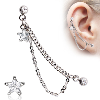 Double piercing cartilage  chaines et toile strass - clair