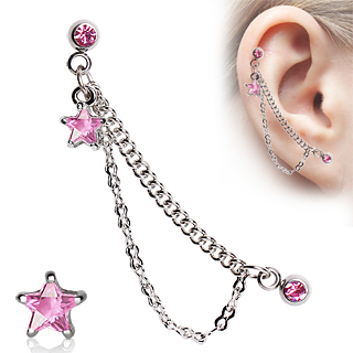 Double piercing cartilage  chaines et toile strass -  rose