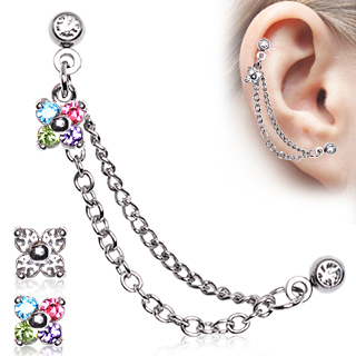 Double Piercing (cartilage et lobe)  chaines et fleur