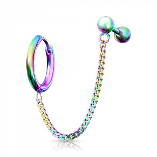 Double piercing d'oreille anneau clip et barbell echains - Arc en ciel