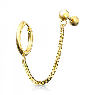 Double piercing d'oreille anneau clip et barbell echainés - Doré