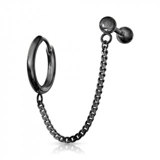 Double piercing d'oreille anneau clip et barbell echainés - Noir