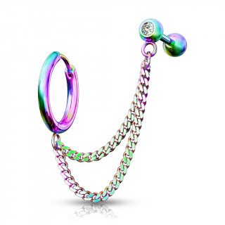 Double piercing d'oreille anneau clip et barbell strass enchains - Arc en ciel