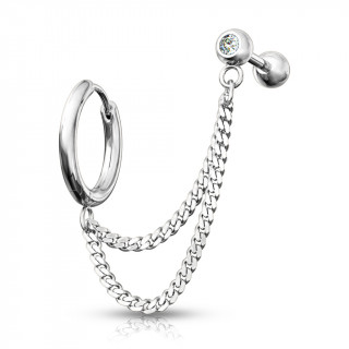 Double piercing d'oreille anneau clip et barbell strass enchains - Inox