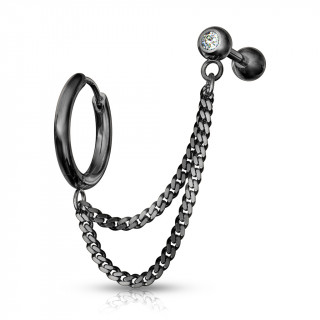 Double piercing d'oreille anneau clip et barbell strass enchainés - Noir