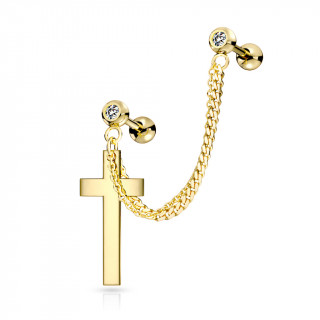 Double piercing d'oreille boules strass et croix  chaine - Dor