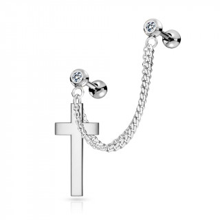 Double piercing d'oreille boules strass et croix  chaine - Inox