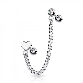 Double piercing d'oreille Coeur et boule strass  chaine