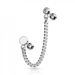 Double piercing d'oreille Disque et boule strass  chaine