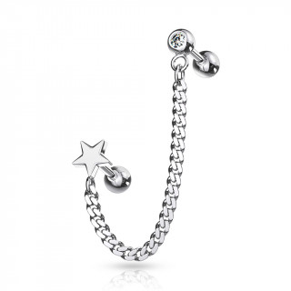 Double piercing d'oreille Etoile et boule strass à chaine