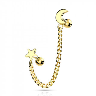 Double piercing d'oreille Etoile et Lune  chaine - Dor