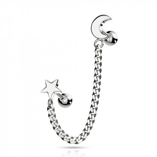 Double piercing d'oreille Etoile et Lune  chaine - Inox