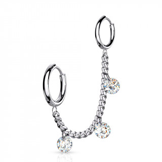 Double piercing oreille  anneaux et zirconiums enchains - Inox