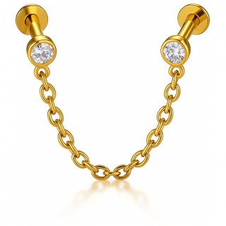 Double piercing serti  chaine en Titane dor pour lvre ou oreille ( filetage interne)
