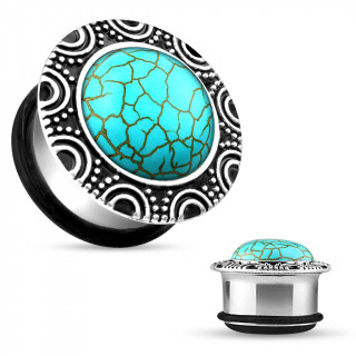 Ecarteur plug en acier  couronne de laiton grave et Turquoise