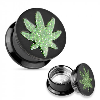 Ecarteur plug en acier plaqu IP noir  feuille de cannabis en strass verts