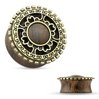 Ecarteur plug en bois à face style bouclier antique en laiton doré
