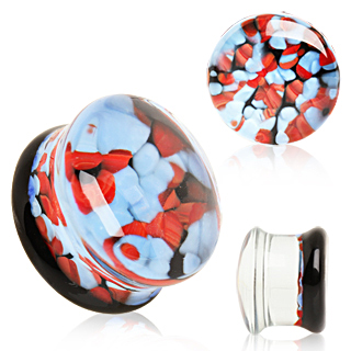 Ecarteur plug en verre à motif caillous rouges et bleus