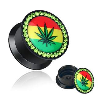 Ecarteur type plug avec feuille de cannabis sur drapeau jamaicain