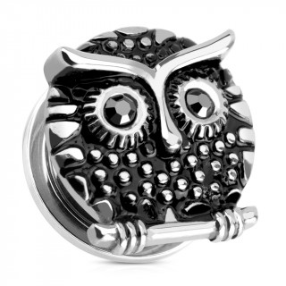 Ecarteur type plug en acier noirci avec hibou sur sa branche