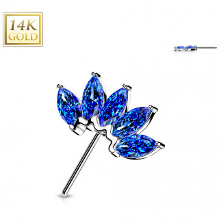 Embout de piercing Eventail d'or blanc 14 carats  zirconiums bleu profond (pour tige push-in)