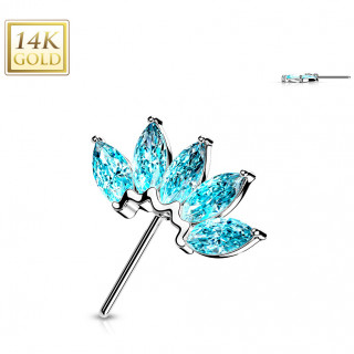 Embout de piercing Eventail d'or blanc 14 carats  zirconiums bleus (pour tige push-in)