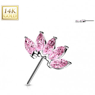 Embout de piercing Eventail d'or blanc 14 carats  zirconiums roses (pour tige push-in)