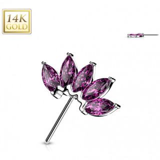 Embout de piercing Eventail d'or blanc 14 carats  zirconiums violets (pour tige push-in)