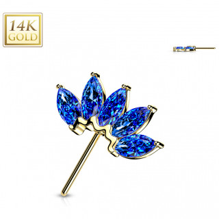 Embout de piercing Eventail d'or jaune 14 carats  zirconiums bleu profond (pour tige push-in)