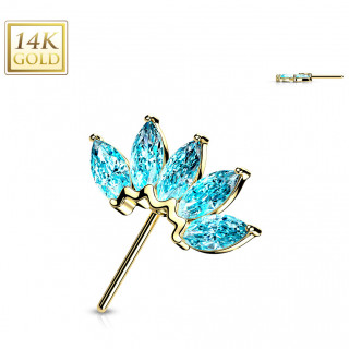 Embout de piercing Eventail d'or jaune 14 carats à zirconiums bleus (pour tige push-in)