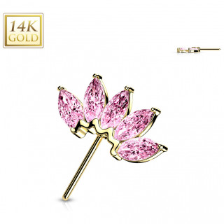 Embout de piercing Eventail d'or jaune 14 carats  zirconiums roses (pour tige push-in)