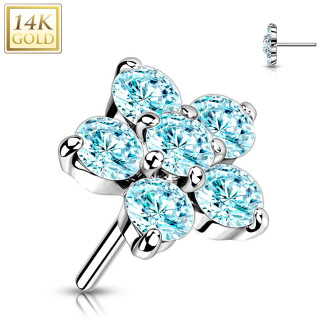 Embout de piercing Fleur d'or blanc 14 carats  zirconiums bleus (pour tige push-in)