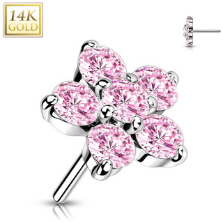 Embout de piercing Fleur d'or blanc 14 carats  zirconiums roses (pour tige push-in)