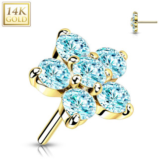 Embout de piercing Fleur d'or jaune 14 carats  zirconiums bleus (pour tige push-in)