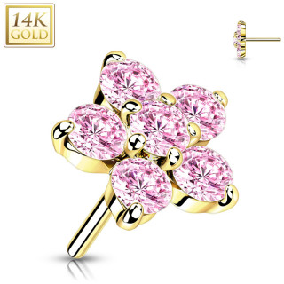 Embout de piercing Fleur d'or jaune 14 carats  zirconiums roses (pour tige push-in)