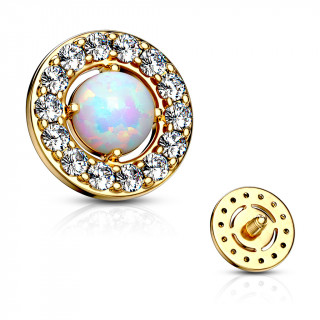 Embout microdermal disque plaqué or à strass et opale blanche