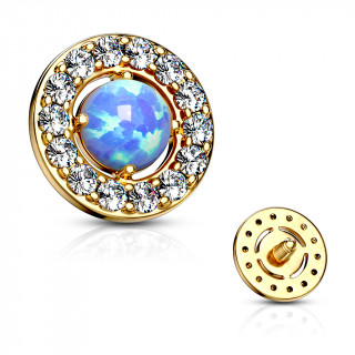 Embout microdermal disque plaqu or  strass et opale bleue