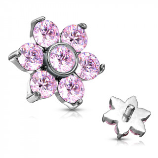 Embout piercing  fleur zirconium (filetage interne) - Rose