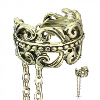 Faux piercing cartilage doré antique à coeurs liés et chaine