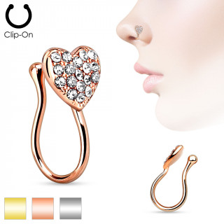 Faux piercing nez en laiton  coeur pav de strass