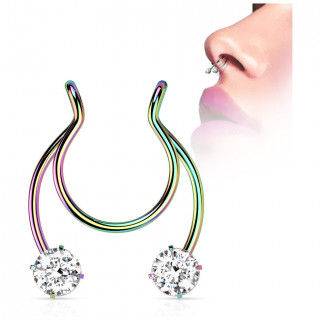 Faux piercing nez septum en acier Arc en ciel  strass