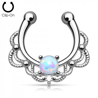 Faux piercing septum argent  design cordage sertie d'une Opale blanche