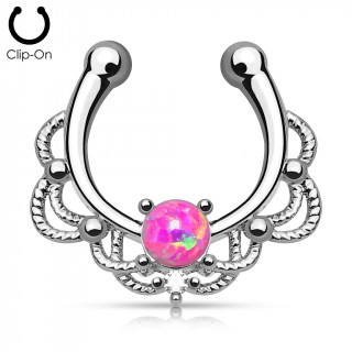 Faux piercing septum argent  design cordage sertie d'une Opale rose