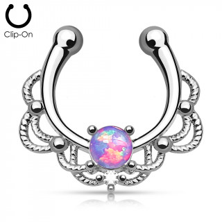 Faux piercing septum argent  design cordage sertie d'une Opale violette