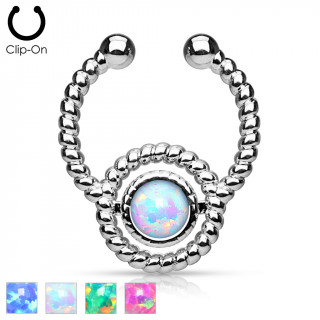 Faux piercing septum argenté style cordage avec opale synthétique