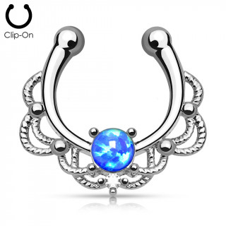 Faux piercing septum argenté style cordage inférieur avec opale synthétique bleue