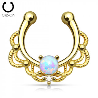 Faux piercing septum doré à design cordage sertie d'une Opale blanche