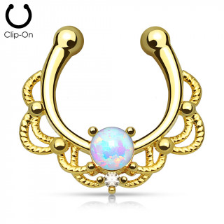 Faux piercing septum dor  design cordage sertie d'une Opale blanche